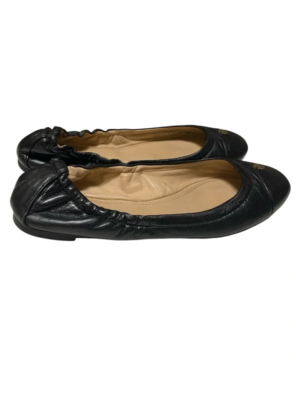 Tory Burch Black ‘York’ Leather Elastic-Back Ballet Flats with Gold Logo